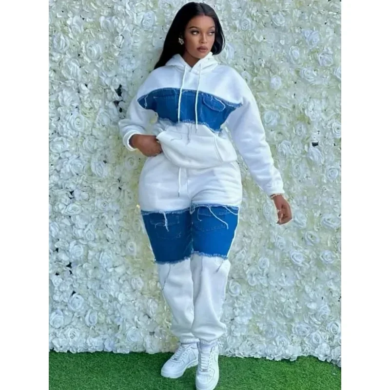 Women Two Piece Set Dashiki African Clothes Spring Autumn Long Sleeve Denim Top And Pants Party Matching