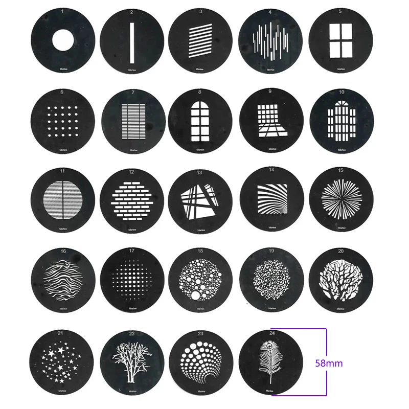 Set Snoot Ottico GOBO Per Flash Bowens - 13 Schede Gobos In Metallo, Pattern Per Effetti Luce - Foto 13