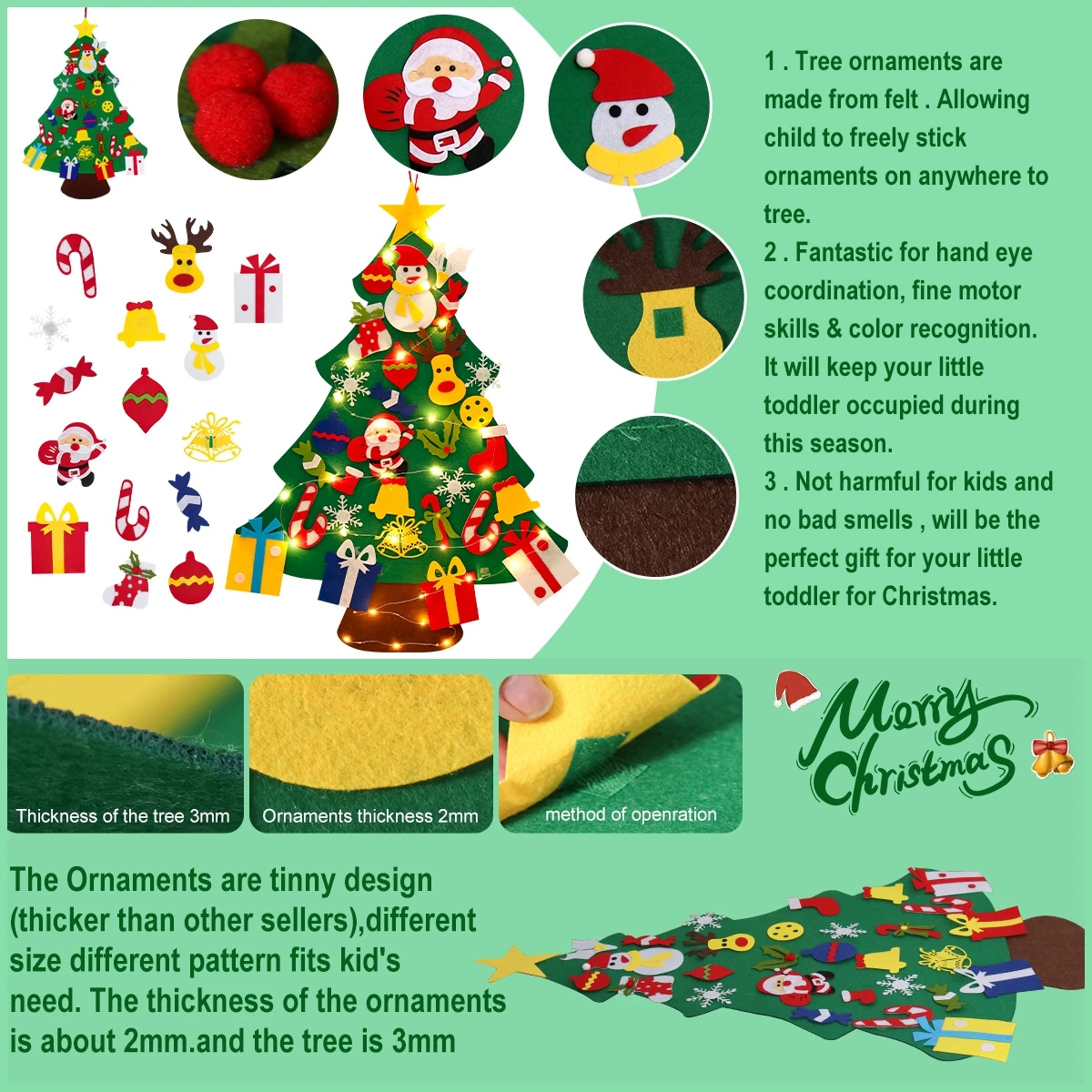 DIY Felt Christmas Tree Xmas Tree With Fairy String Lights Merry Christmas Decorations 2023 Christmas Ornaments Kids Gifts