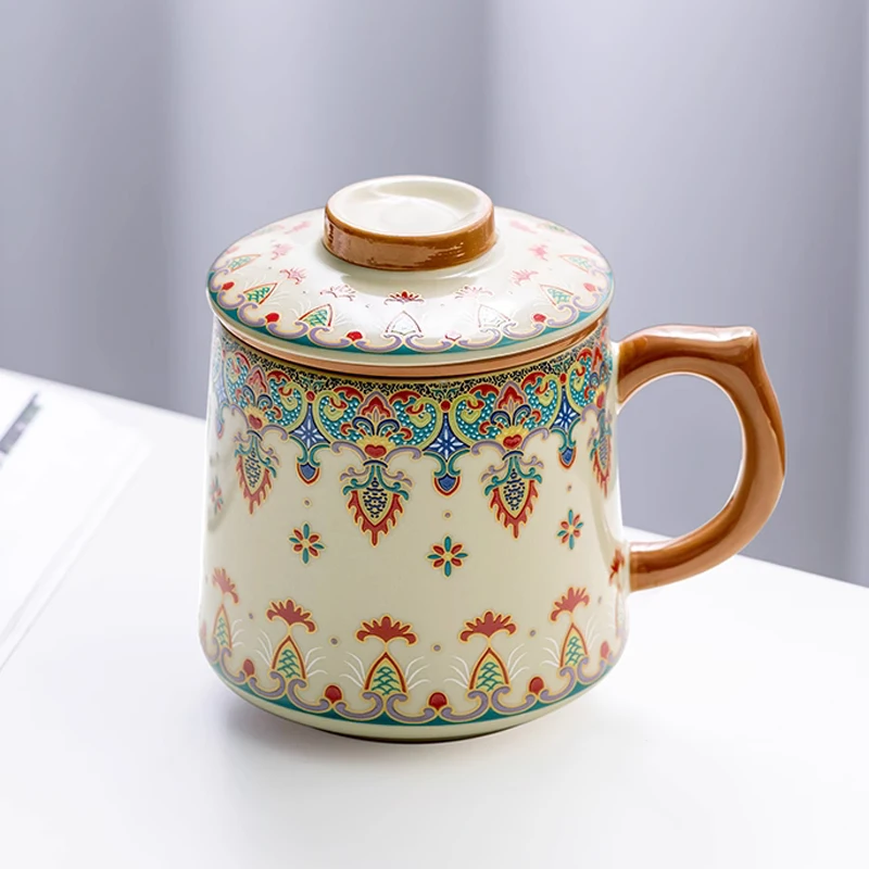 Chinese Style Ceramic Mugs, Home Personal Office Creative Teacup With Cover, Filtered Tea Water Separation, Tea Cups, 400ml, 1Pc
