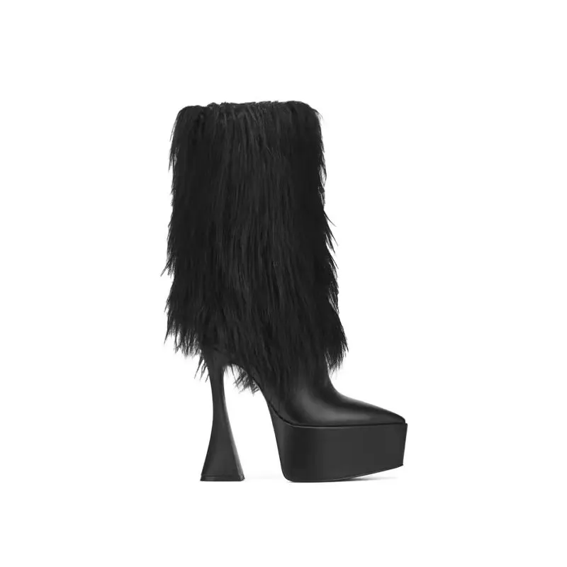 

Winter Thick Soled Fashionable Tassel Super High Heel Mid Sleeve Boots Pointed Side Zipper T Platform Runway Sexy Short Boots