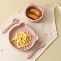 4PCS Baby Silicone Dinner Set Suction Cartoon Bear Bowl Dishes Silicone Spoon Fork Eating Training Baby Tableware Soft Utensils 1
