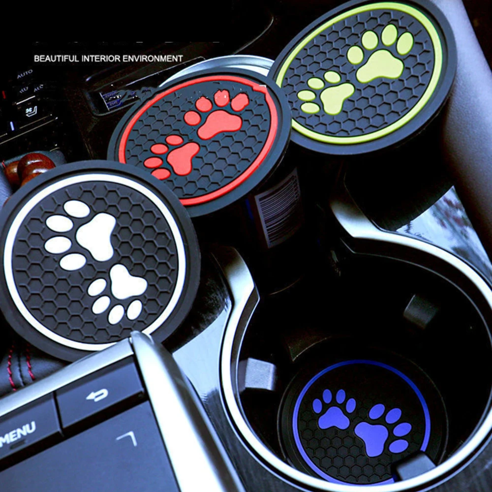 2Pcs Car Coaster Pads Non-slip Water Cup Pad Cat paw footprint Rubber Mat for Bottle Holder