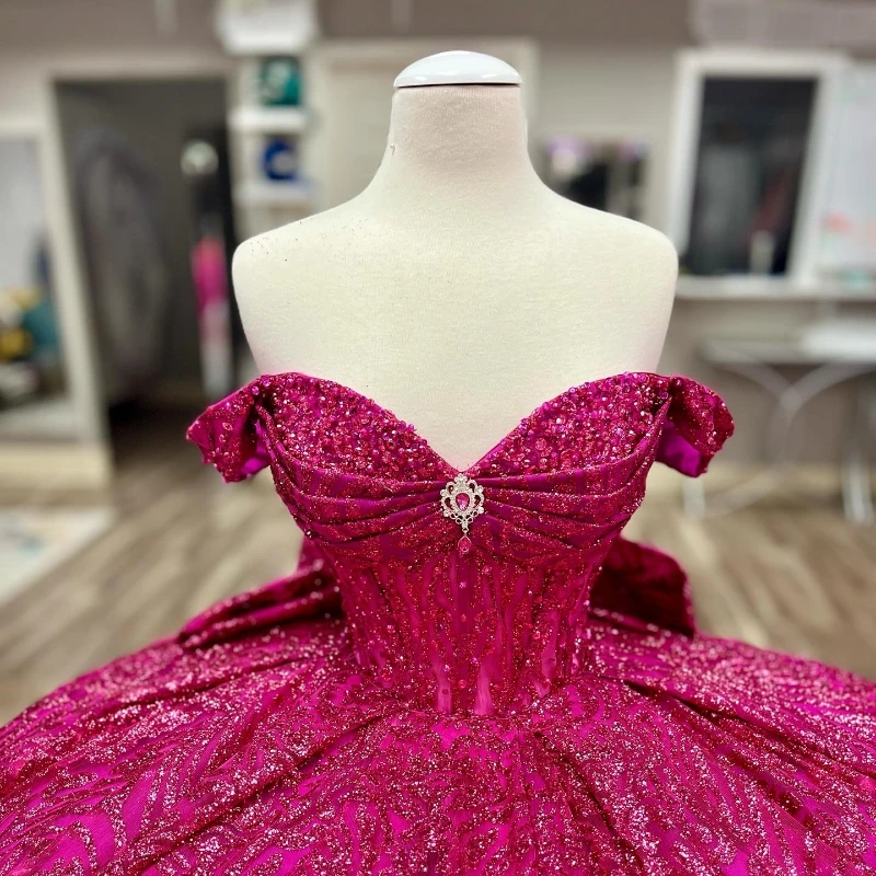 Rose Red Glitter Crystal Sequined Quinceanera Dresses Ball Gown Off The Shoulder Beading Tull Corset Vestidos 15 De XV Años