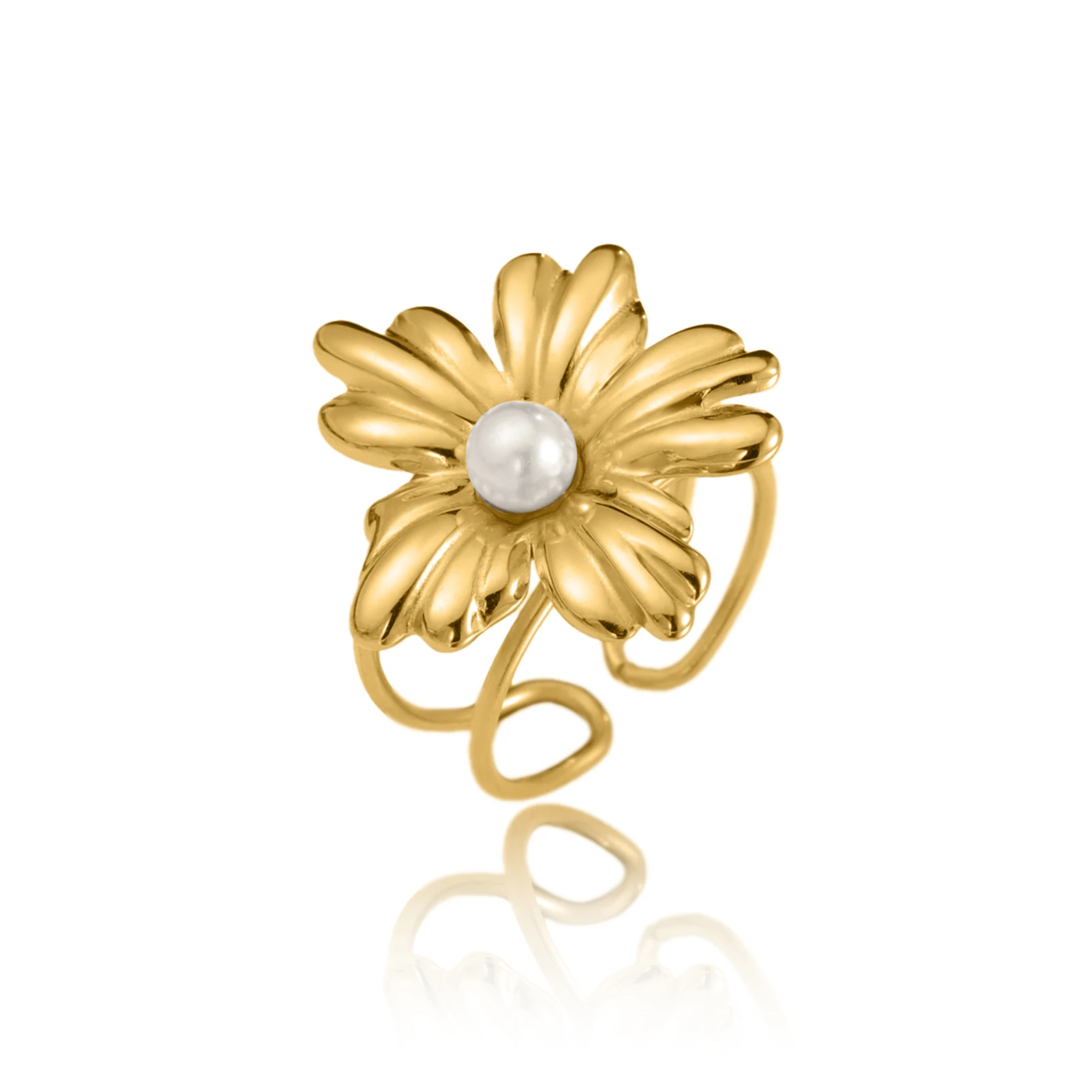 COOLTIME Damenring aus Edelstahl mit Blumenmuster und Perleneinlage, verstellbares offenes Band, Modeschmuck, Geschenk und Großhandel