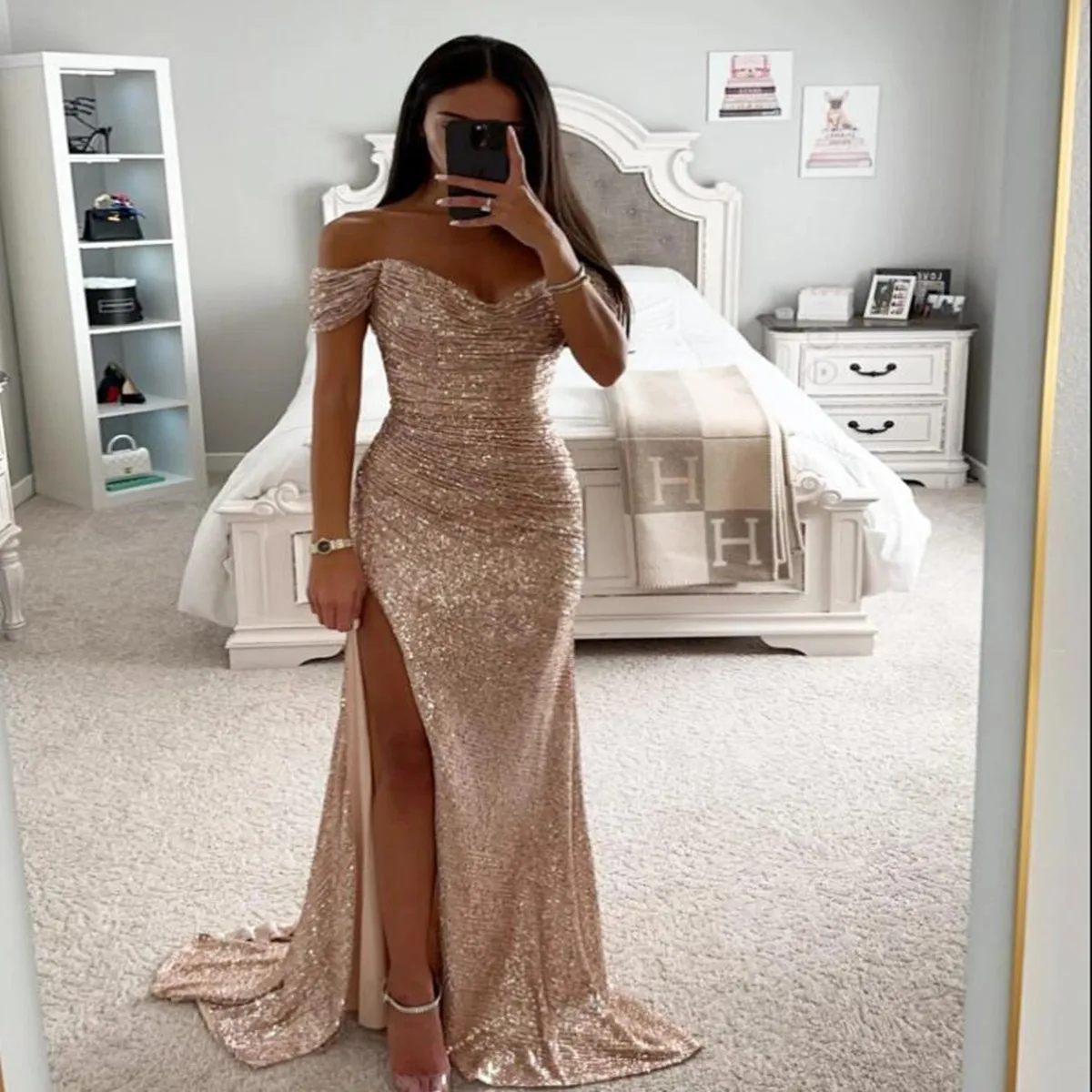 

Champagne Sequins Lace Prom Dresses