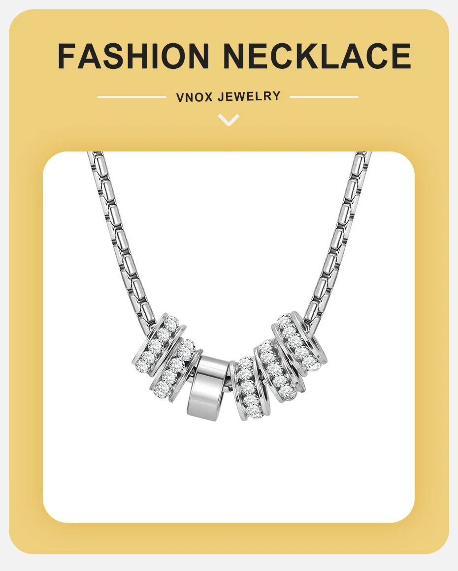Vnox Edelstahl-Halskette mit kreisförmigem Zirkon-Anhänger für Herren, silberfarbene, verstellbare Kette, Hip-Hop-Halsketten, Modeschmuck, neu – Detail 1