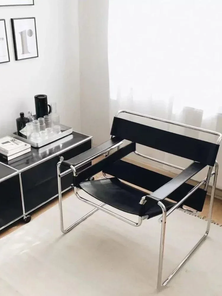 Chair Saddle Leather Light Luxury Medium-Ancient Stainless Steel Living Room Single-Seat Sofa Chair