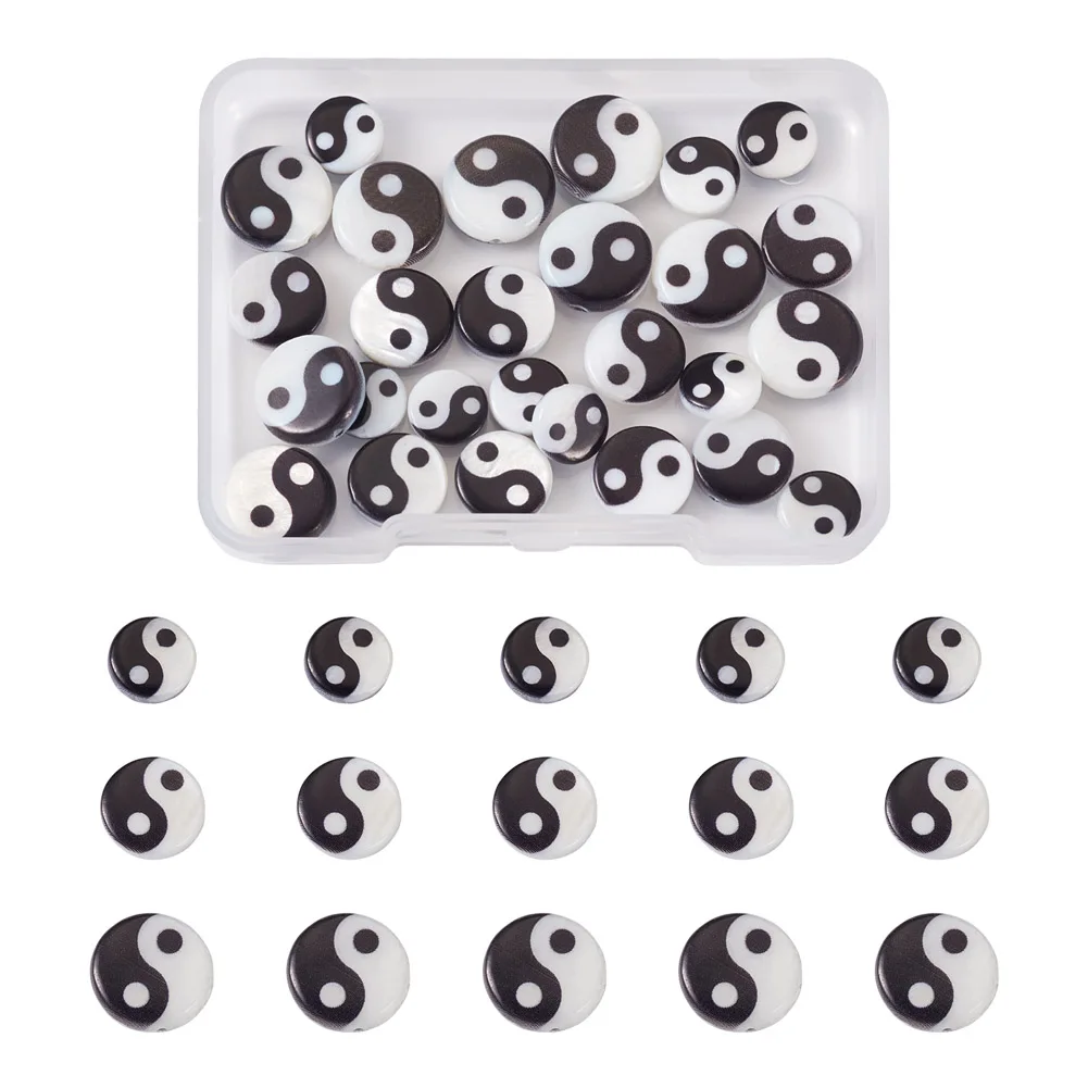 

30Pcs White Black Natural Shell Beads Dyed Flat Round Yin Yang Tai Chi Loose Bead for Bracelet Necklace DIY Jewelry Making