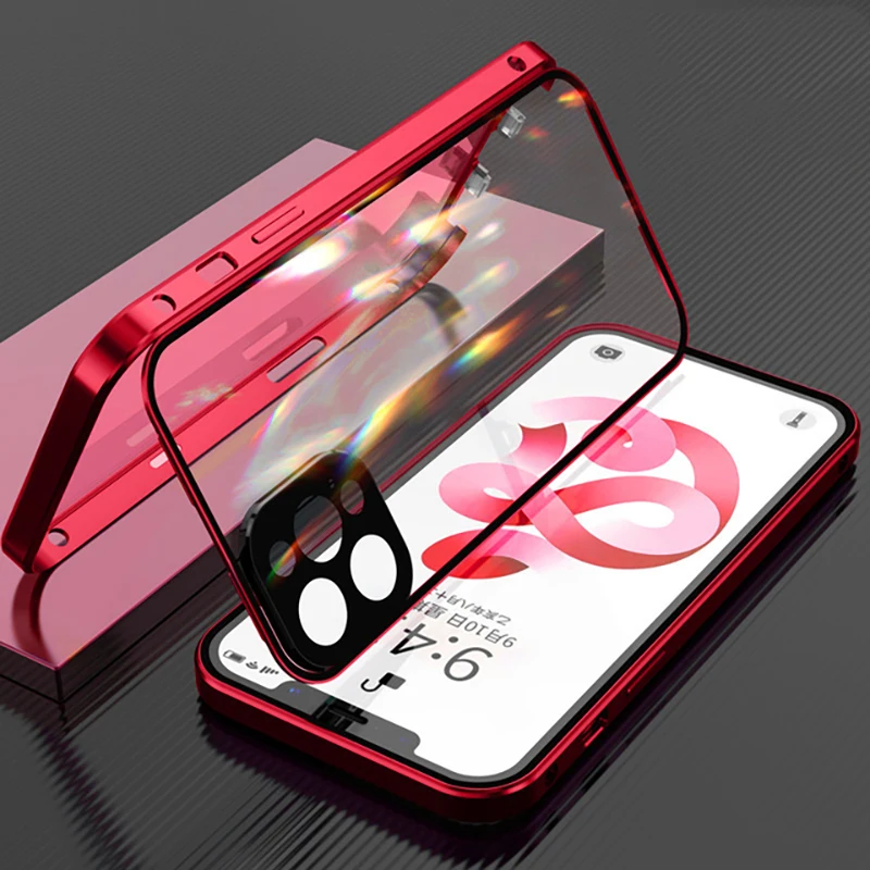 360° Full Protection Magnetic Double-Sided Glass Phone Case with Snap Lock and Metal Bumper Cover