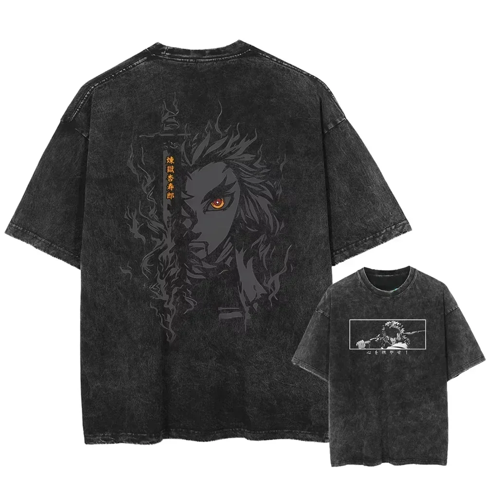 Streetwear Anime Graphic Print T-shirt Harajuku Washed Vintage T-Shirt Oversized Summer Fashion Cotton Men Top Tee 6858
