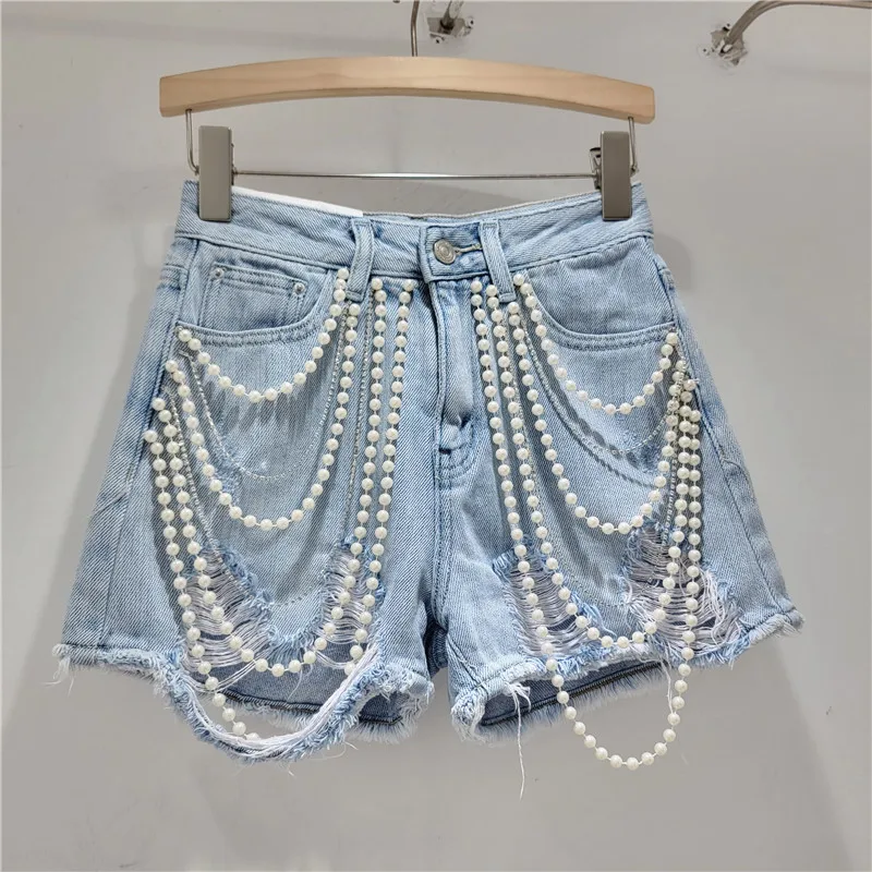 Handmade Chain Beaded Frayed Washed Cotton Denim Shorts Women 2024 Summer New Korean Style High Waist Slimming Hot Pants