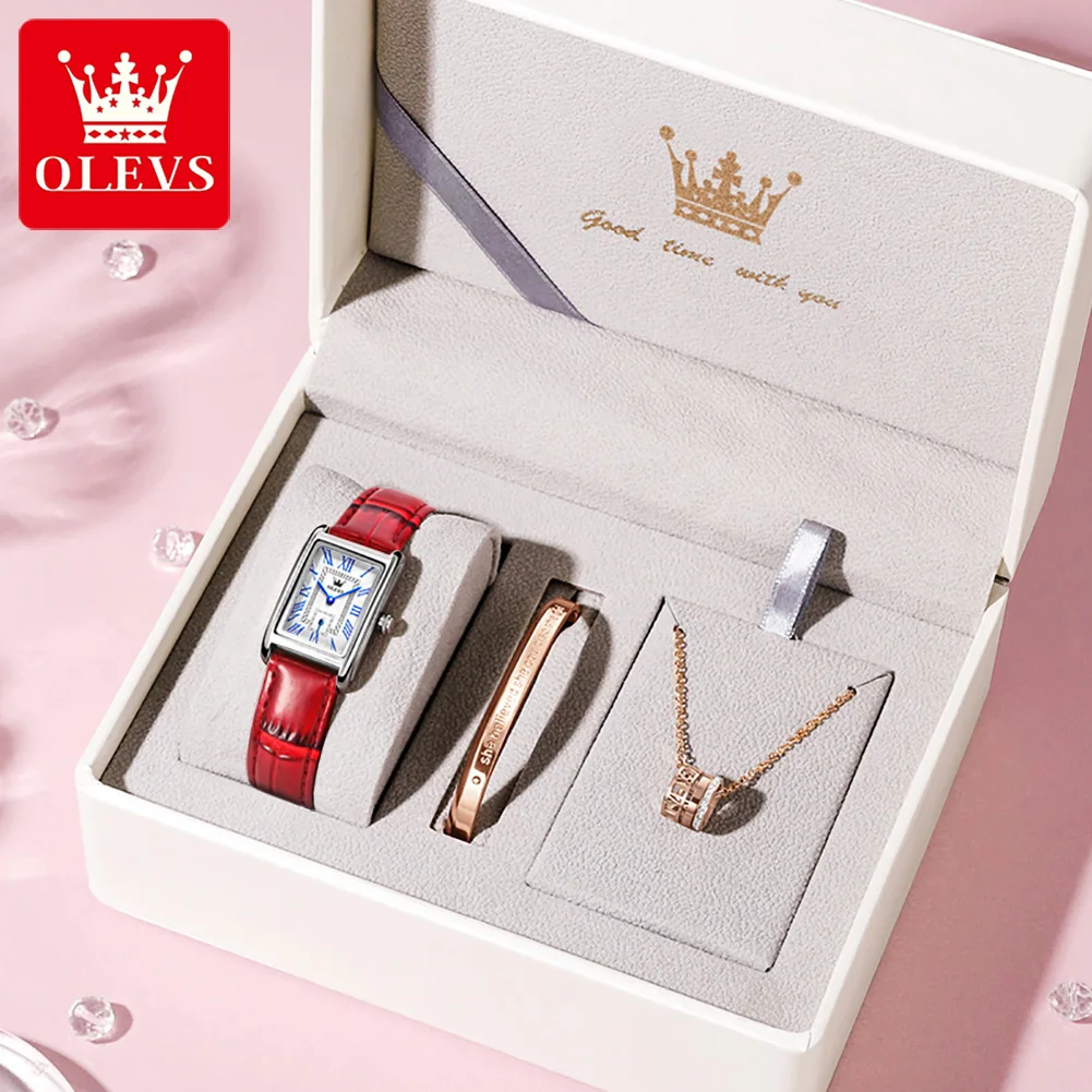 OLEVS 6625 Luxury women's Watches Red Quartz Waterproof Watch For Women Leather Strap stylish Lady Wrist Watch Bracelet Set