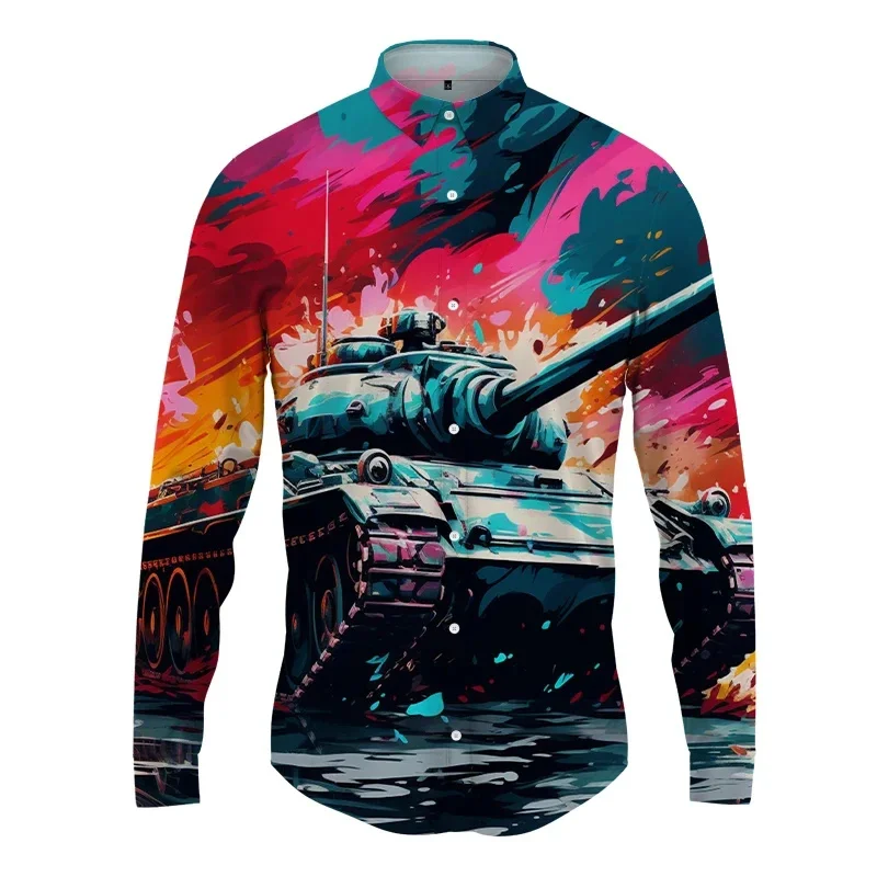 thumbnail image 1 of Camisa con estampado 3D de tanque para hombre y mujer, camisa informal de manga larga a la moda, ropa de calle con botones, ropa unisex de gran tamaño, 1 of 5