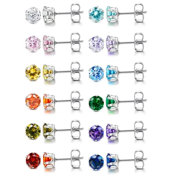 1-12 Pairs Stainless Steel Sparkling Brilliant Cut Round Cubic Zirconia Birthstone Stud Earrings for Women Men Size 3-8mm 1
