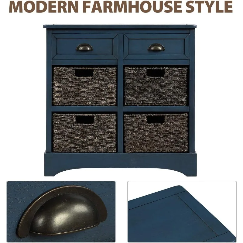 Rustic Storage Cabinet Cabinet with 2 Drawers and 4 Classic Fabric Basket for Kitchen/Entryway/Living Room, Antique Navy 5