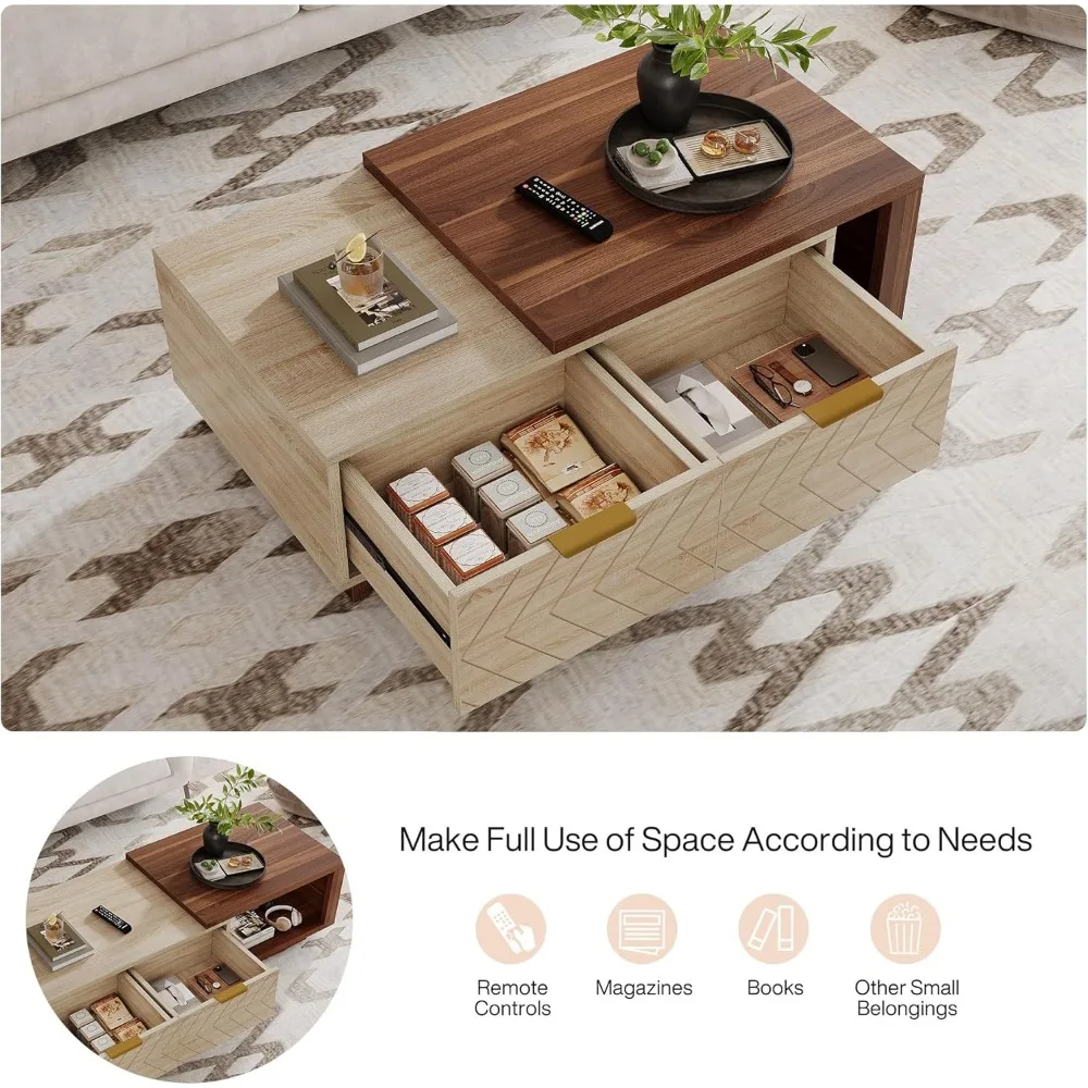 Extendable Coffee Table 42"-65" Length Adjustable Reversible Wood Coffee Table W/ 2 Storage Drawers Rectangular Dual-Tone Table 5
