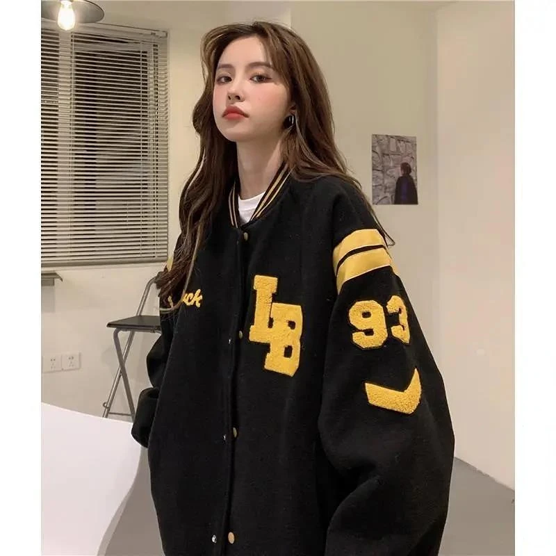 Deeptown Baseball Jacket Women Vintage Korean Fashion Streetwear Autumn Aesthetic Bomber Black Jackets Oversized Heavy College бейсбольная парка yale heavy weight baseball parka oatmeal