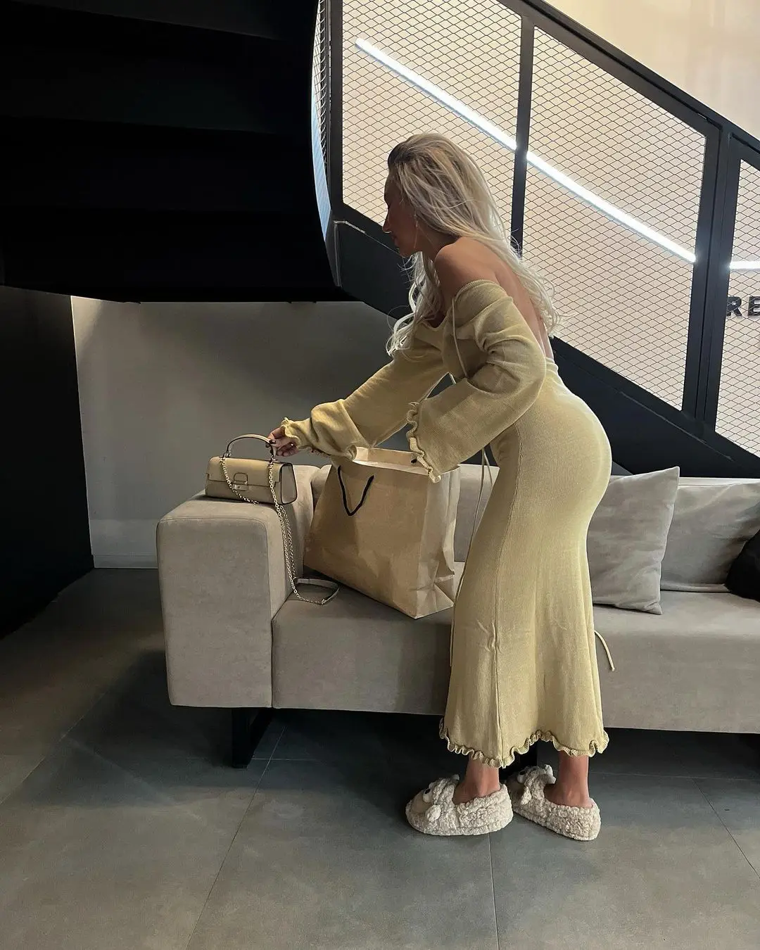 Ruffled Backless Knit Dress Solid Female Casual Lace-Up High Waist Long Sleeve Maxi Dress Knitwear Bandage Fashion Dress