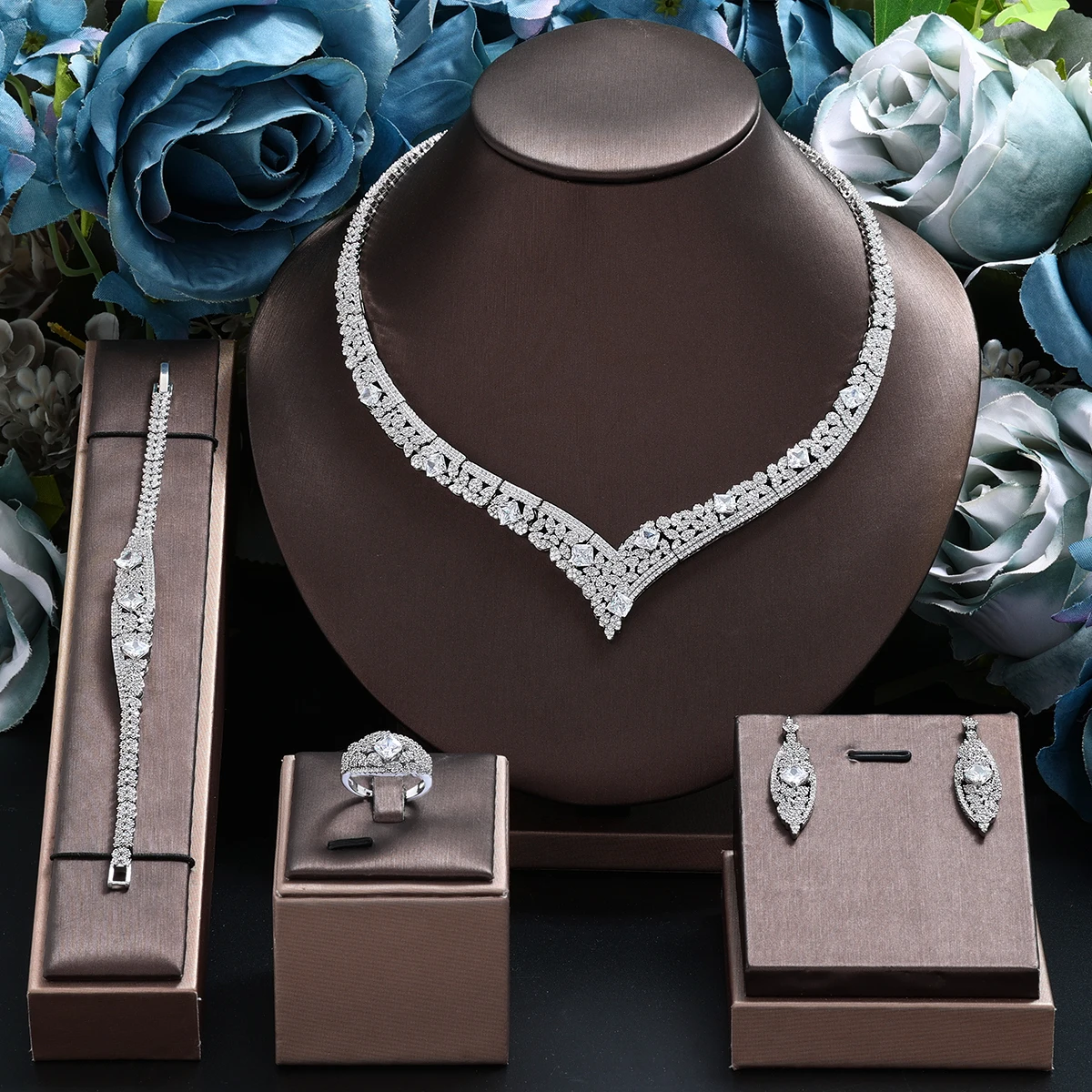 

Luxury Wedding Party Jewelry Sets Dubai Accessories Cubic Zirconia Bridal Necklace Earring 4pcs Sets