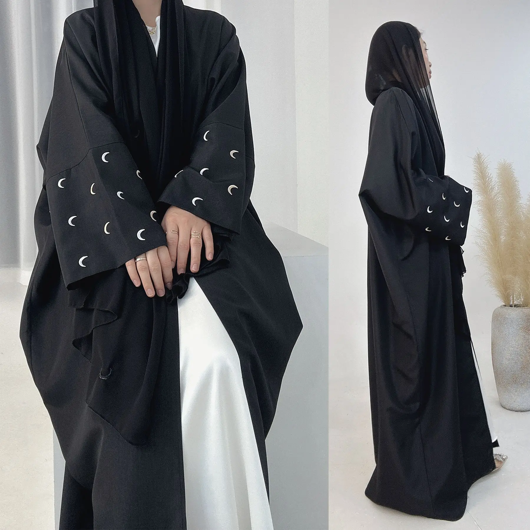 Cotton Linen Open Abaya for Women Moon Embroidery Kimono Abayas Muslim Dubai Turkey Luxury Kaftan Robe Ramadan Islamic Clothing