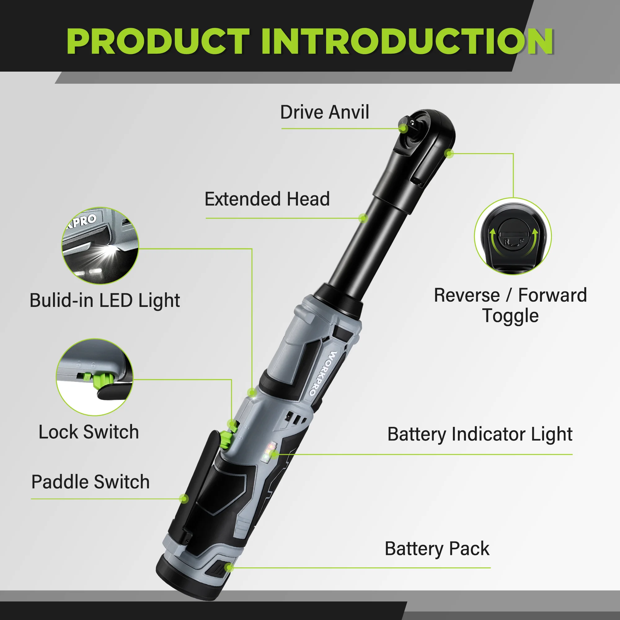 WORKPRO Power Tool 45N.M 3/8" Extended Ratchet Wrench Set With 2x12V Battery  Electric Ratchet Wrench with 10 Sockets 2