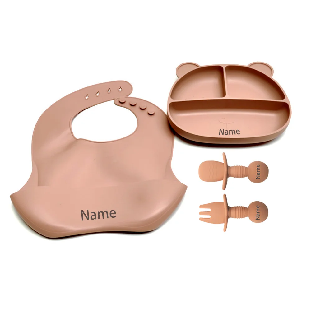 4PCS Children's Tableware Set with Free Name Printing Personalized Silicone Tableware Unique Gift for Boys And Girls