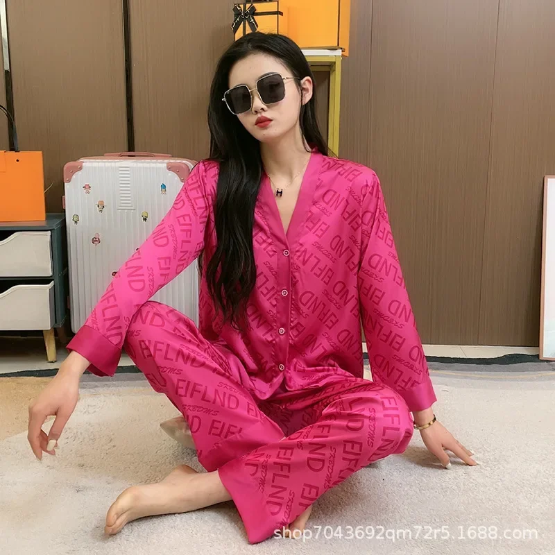 Spring Summer Women Ice Silk Pajama Set Long Sleeve Top Trousers Thin Korean Fashion Tracksuit Printing Pajamas for Women New
