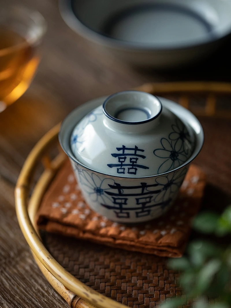 

Hand-painted Double Happiness Retro Blue White Porcelain Cover Bowl Cup Chinese Pot Ceramic Kung Fu Tea Set