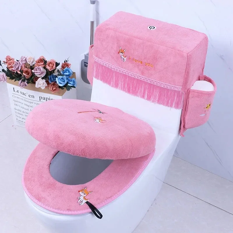 Modern Style Plush Toilet Cushion Set High Quality Cartoon Embroidery Toilet Sseat Pads Tank Dust-proof Protective Cover