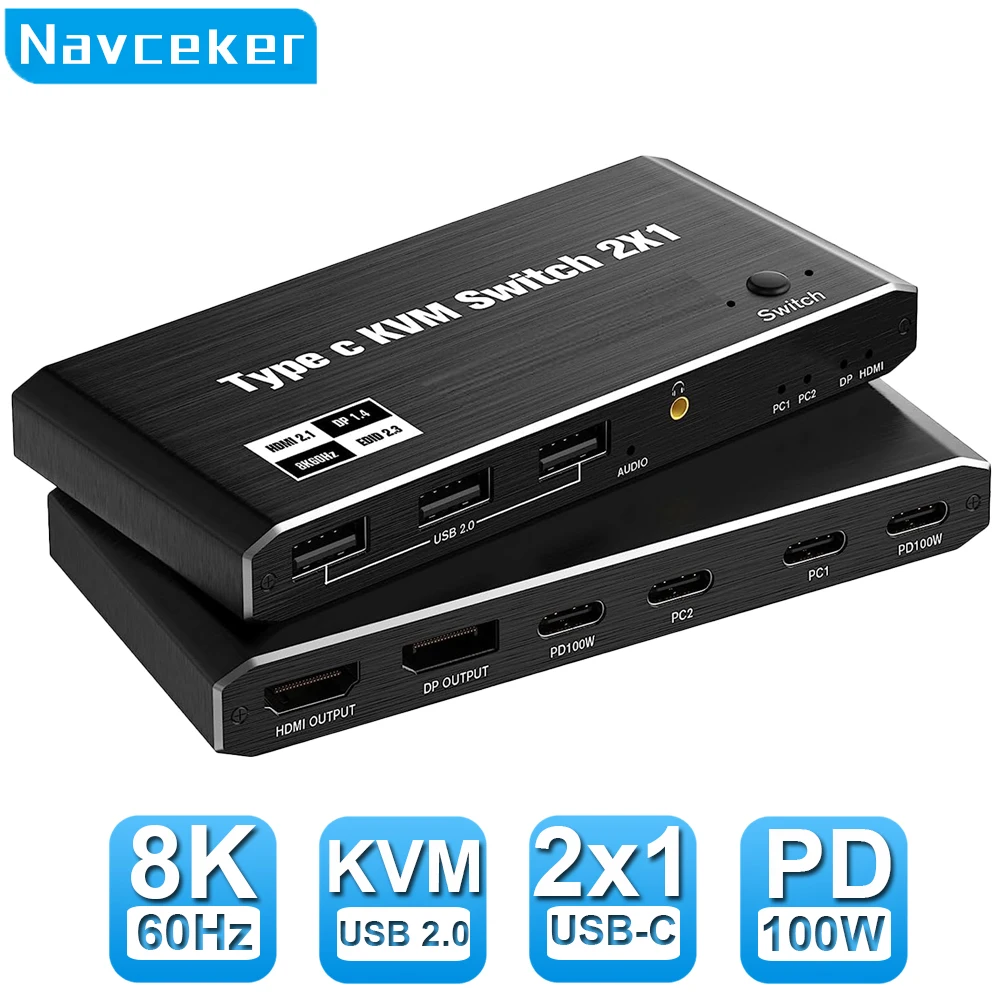 Navceker-thunderbolt Usb c Interruptor Kvm 100w Carga pd 2×1 8k 144hz tipo c Switcher para Laptop Macbook Monitor