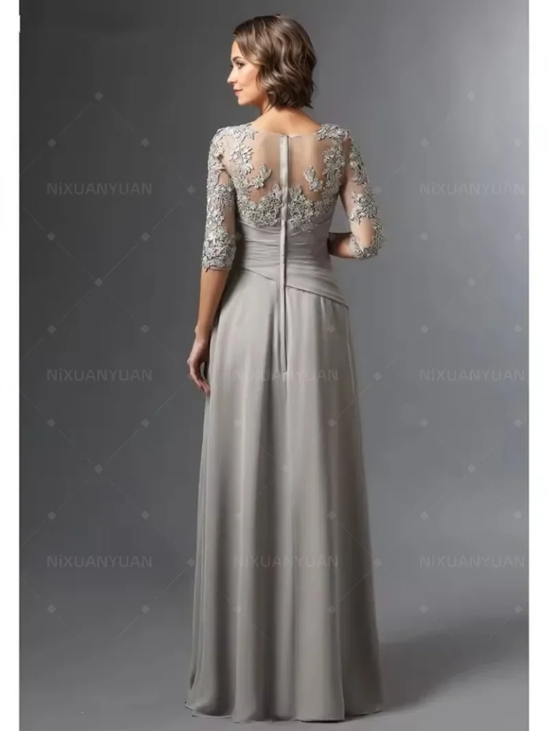Silver Mother of The Bride Dresses A-line 3/4 Sleeves Chiffon Lace Plus Size Long Elegant Mother Dresses Wedding
