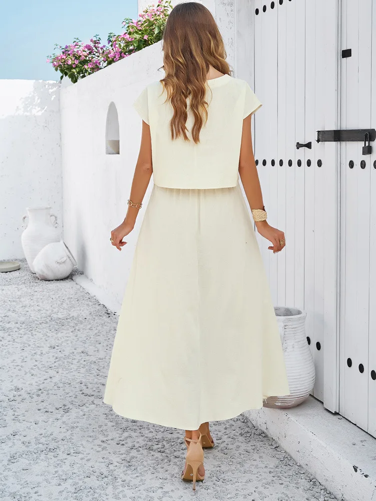 High Quality Women Clothing 2024 Spring Summer Casual Sleeveless Top Pleated Long Skirt Set Vintage Bandage Skirts Maxi Fashion