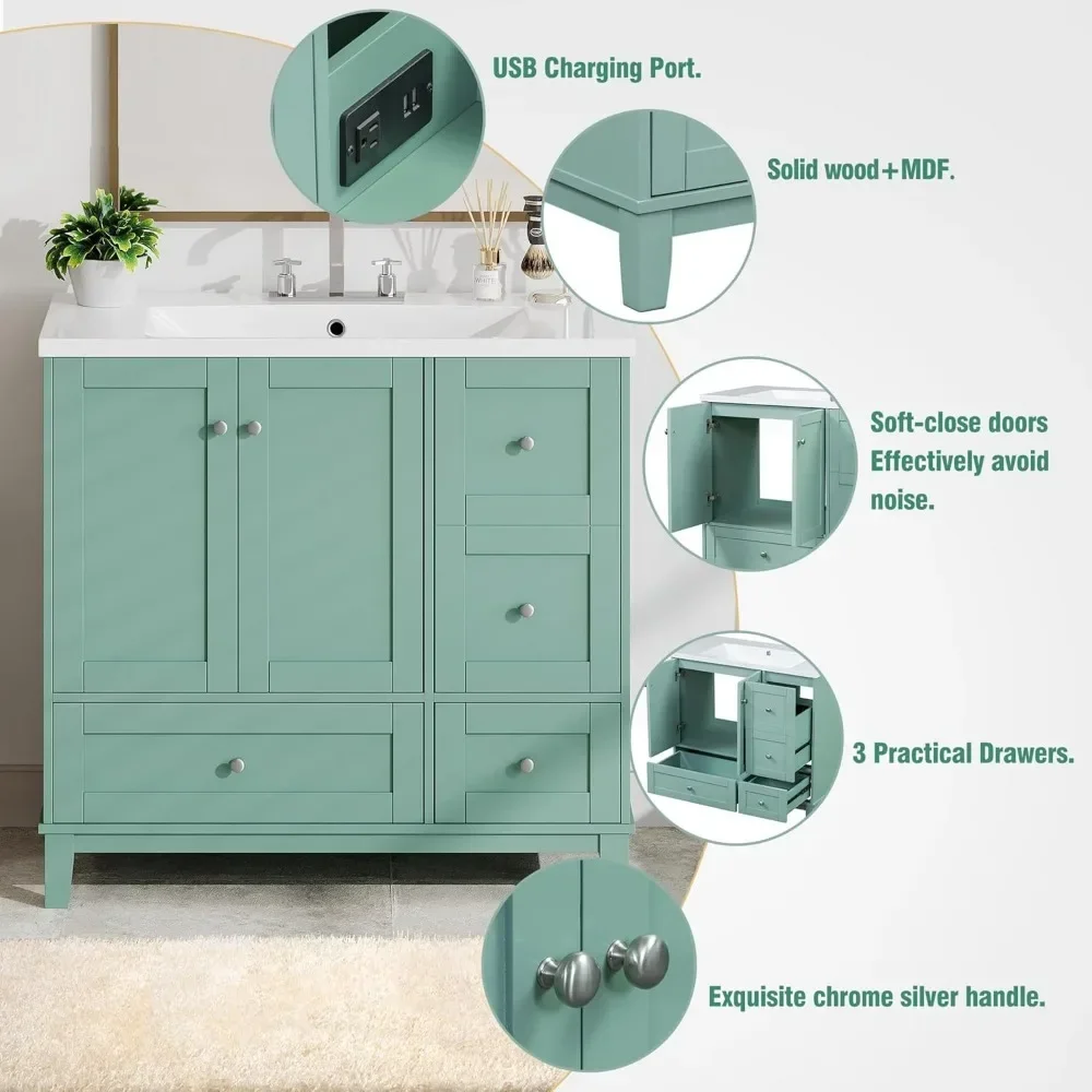 36" Modern  with USB Charging, Two Doors and Three Drawers , Small Bathroom Vanity Cabinet with Single Sink, Green 6