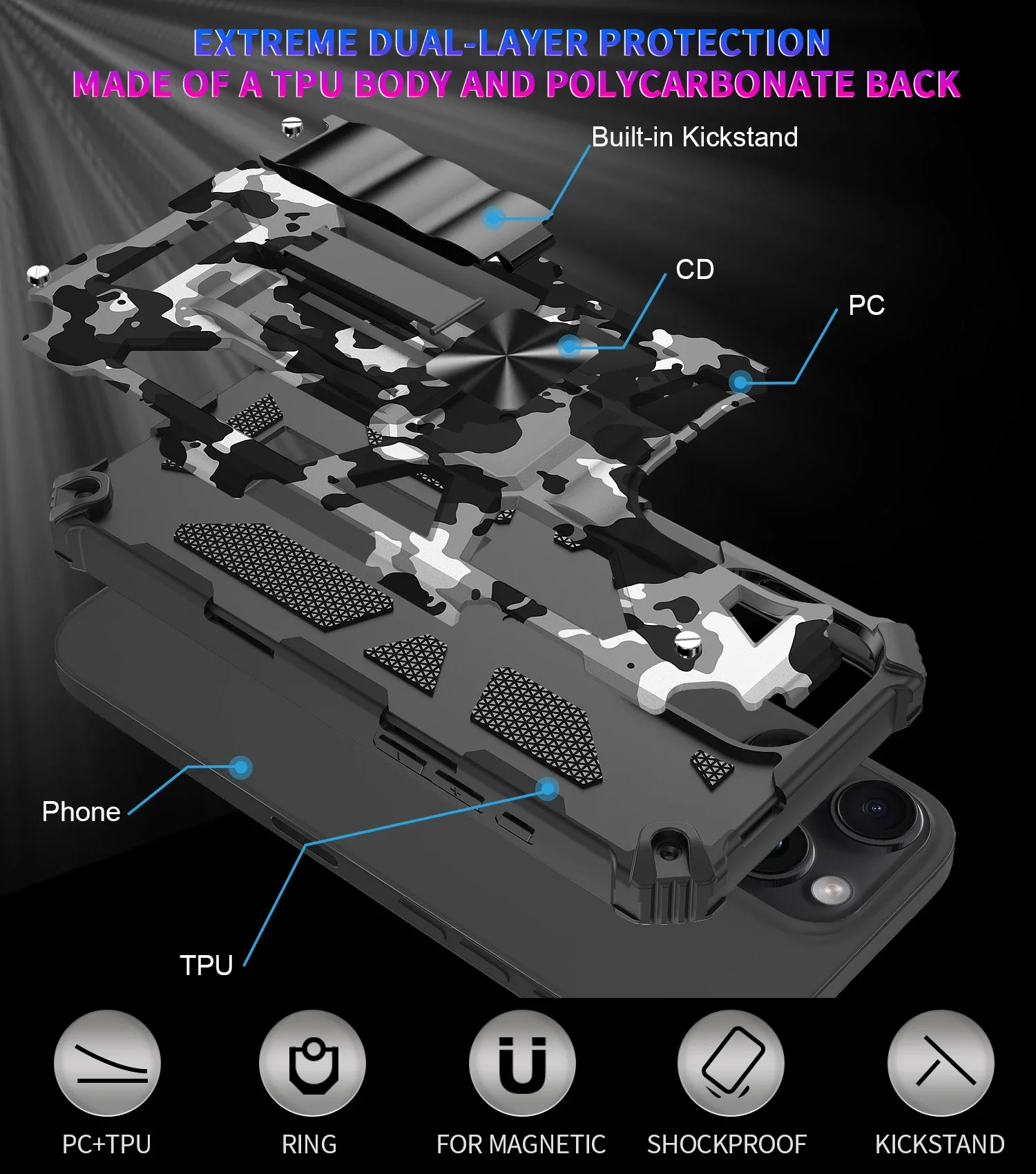 Camouflage Armor Shockproof Phone Case with Hidden Kickstand