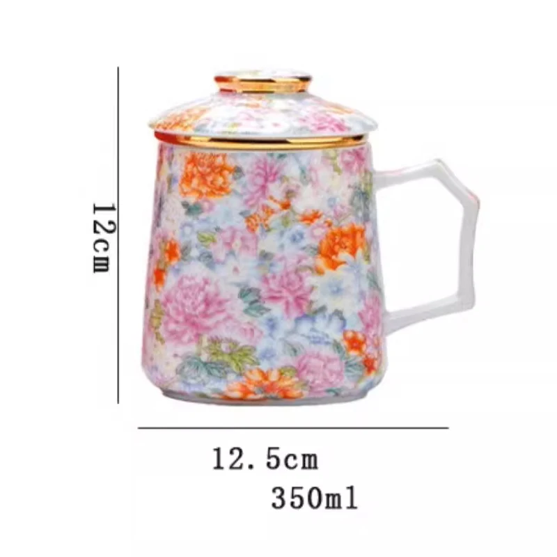 Chinese Style Ceramic Cartoon Floral Pattern Mug, Personal Creative Teacup, With Cover Filtered Tea Water Separation, 350ml, 1Pc