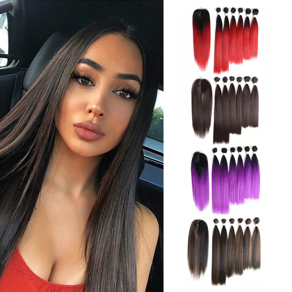 6pcs Synthetic Hair Weave Bundles & Free Closure 14 16 18 Inches Yaki Straight  Hair Weaving Extension For Middle Part Lace Wigs - Synthetic One Pack(for  Black) - AliExpress