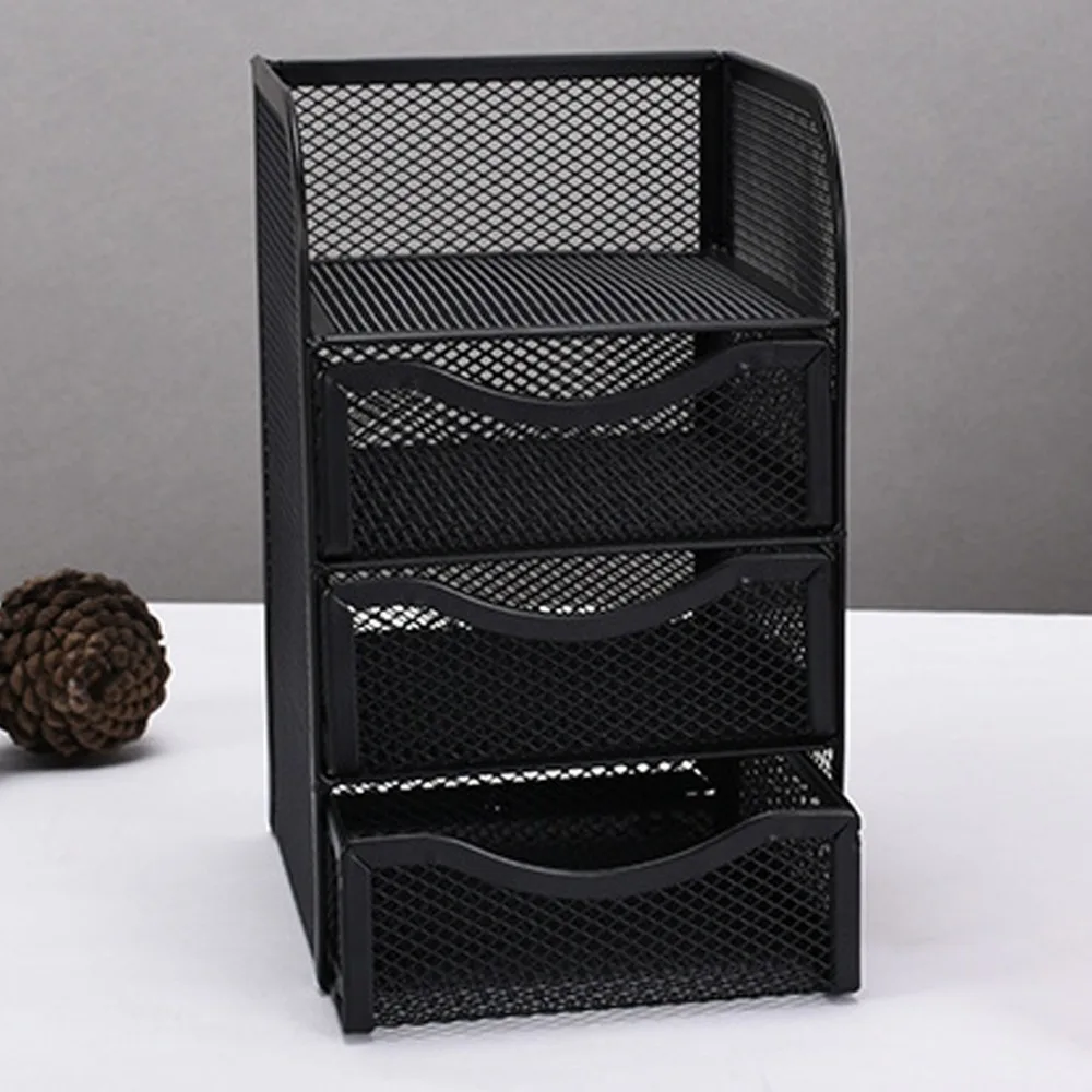 Black Metal Wire Mesh Desk Organizer with 3 Drawers - Multifunctional Stationery Holder