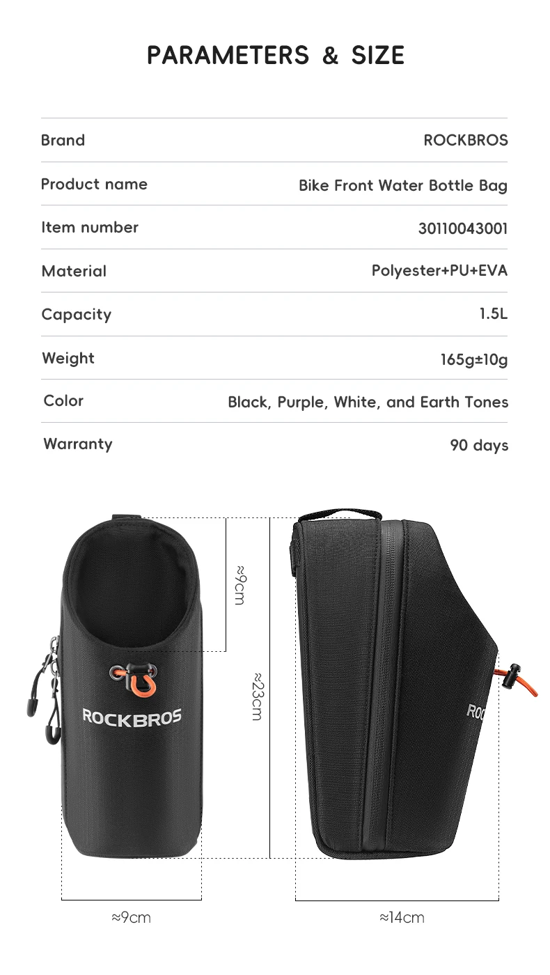 ROCKBROS Fahrrad-Fronttasche, 1,5 l, Wasserflaschentasche, zusammenklappbar, Fahrrad-Lenkertasche, MTB, Straßenreiten, verstellbar, großkalibrige Fahrradtasche – Detail 3