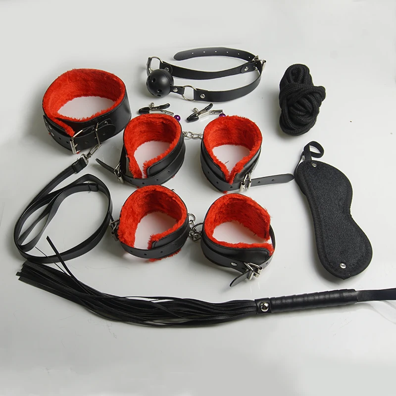 8pcs BDSM Bondage Set Kit,Handcuffs Ankle Cuffs Spanking Whip Nipple Clamps Blindfold Rope Restraints Slave Collar,Adult Games