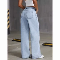 Jeans pour femmes tendance, couleur unie, taille haute, jambes larges, décontractés, avec poches latérales, parfaits pour le streetwear quotidien 3