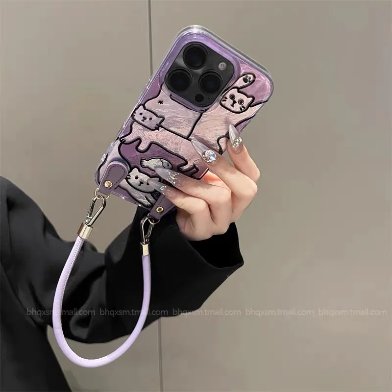 Violet Lazy Cat Dazzle Lustre Lining Phone Case with Lanyard