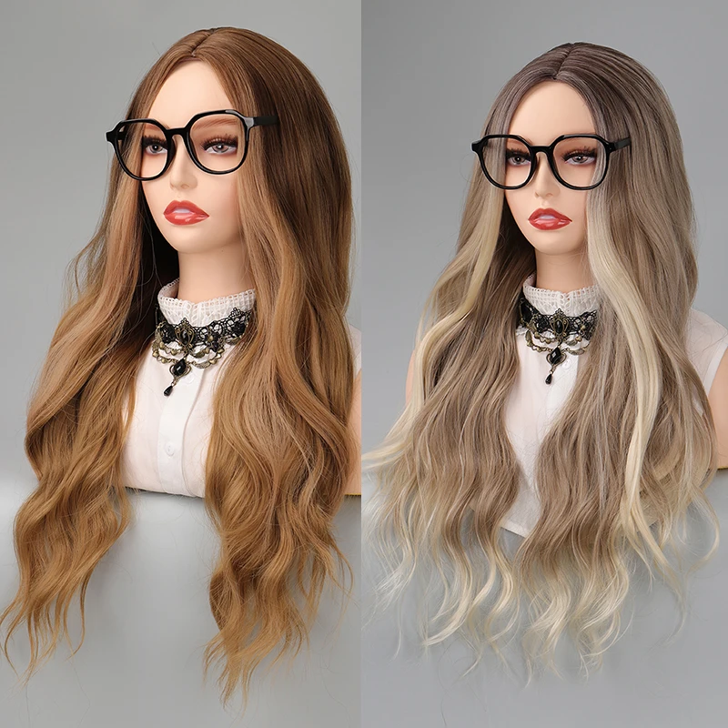 

TALANG Long Ombre Brown Synthetic Wigs Middle Part Wavy Wigs for Black Women Heat Resistant Fiber Cosplay Natural Hair Wigs