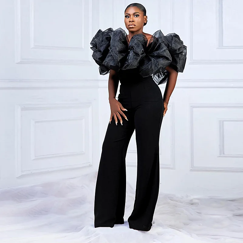 

2023 Spring Summer Sleeveless Black Formal Party Evening Jumpsuit Women Off Shoulder Puffy Gauze Ruffle Flower Wide Leg Rompers