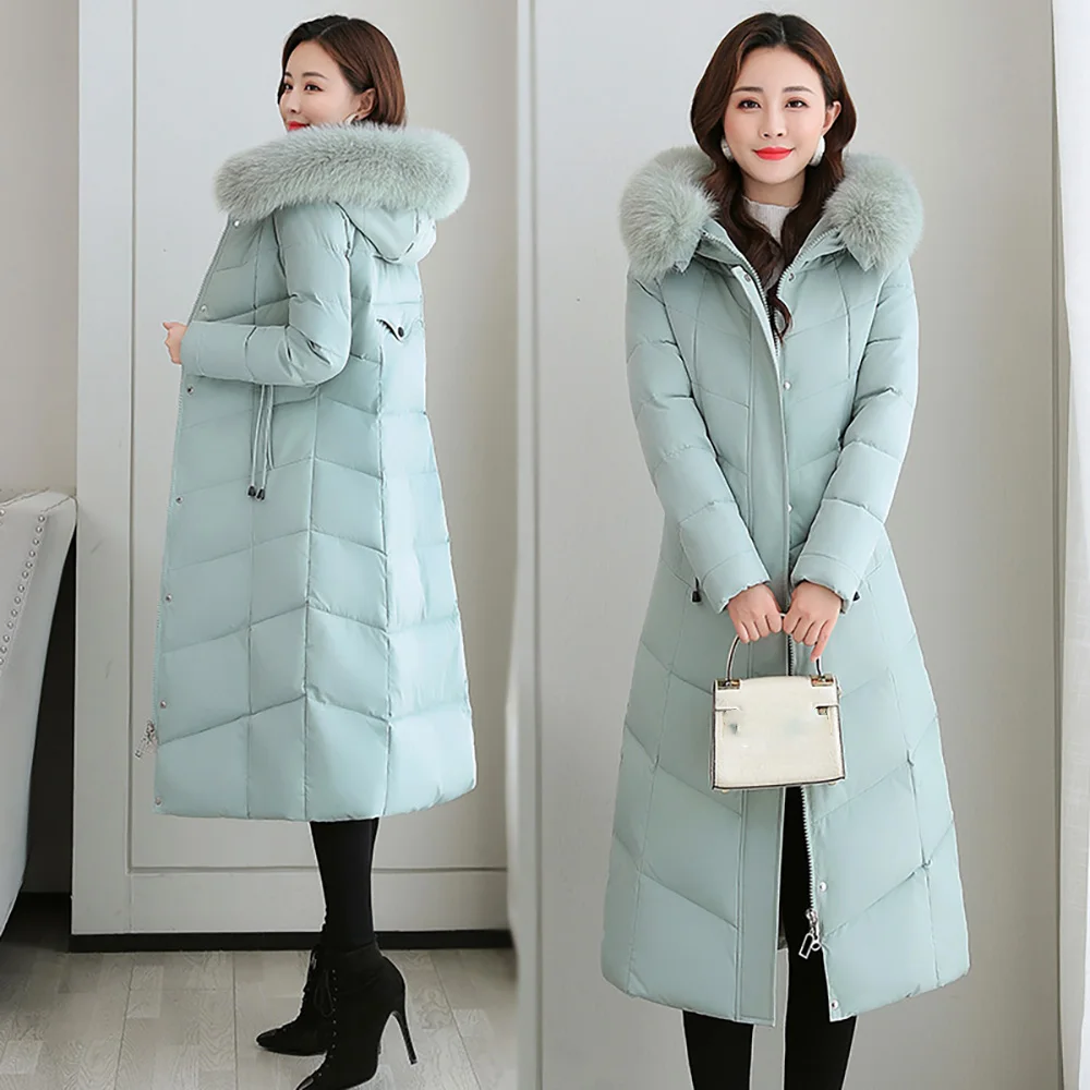 

Winter Women Slim Long Cotton Coats Snow Wear Large Fur Collar Hooded Quilted Jacket Oversize Thick Warm Parkas Overcoats