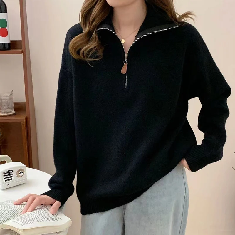 Korean Half Zip-Up Sweater Women Retro Loose Sporty Knitted Pullover ladies Autumn Winter thicken warm Long Sleeve knit Jumpers 3