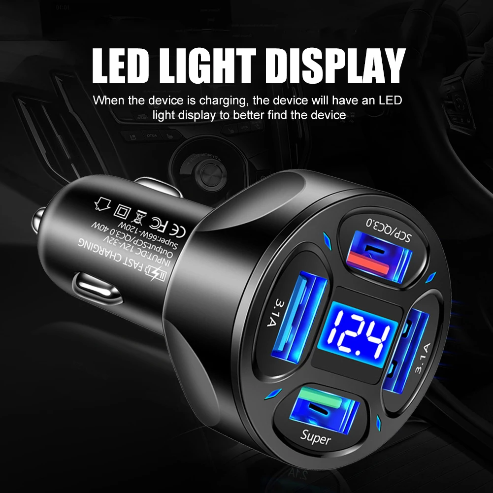 

120W Car Charger 12V/24V 4 USB Ports 66W Fast Charging Cigarette Lighter Adapter LED Voltmeter For Huawei Xiaomi IPhone Samsung