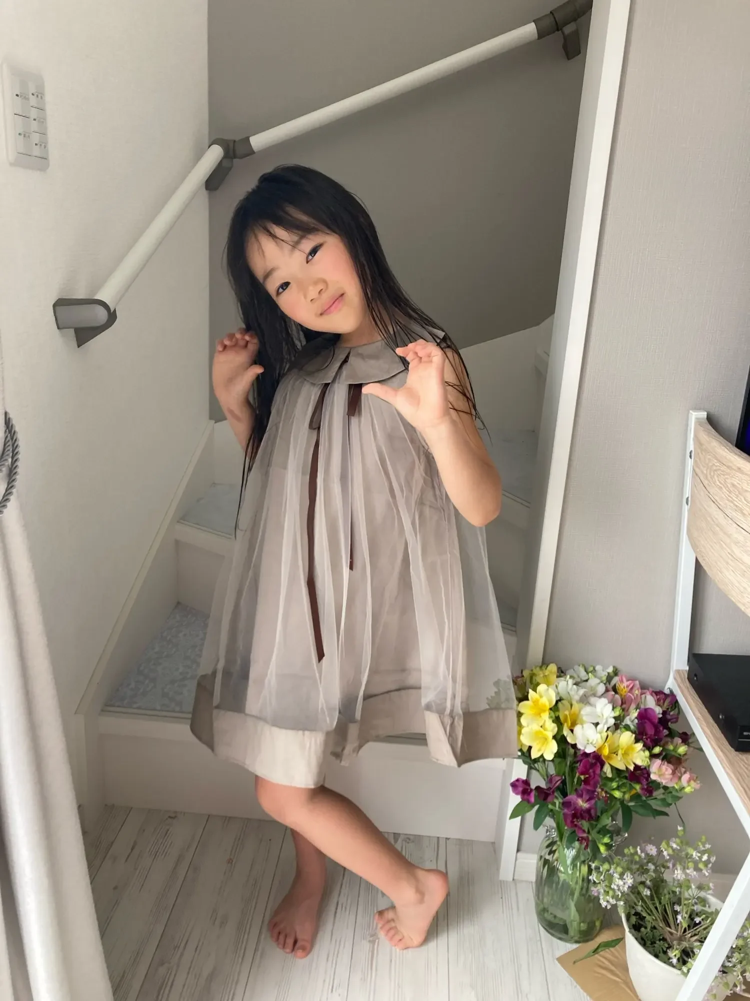 Children Girls Dress 3-12 Years College Style Veil Mesh Peter Pan Collar Patchwork Sleeveless girls dress kids clothes