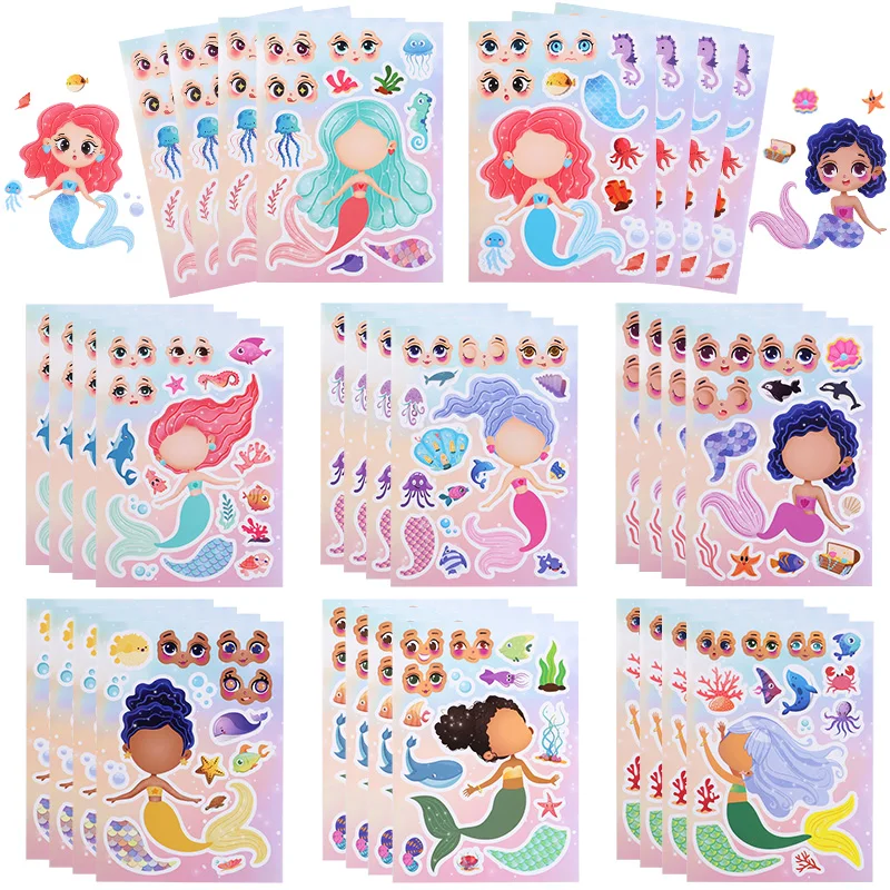 Cartoon Mermaid Puzzle DIY Make a Face Stickers Kids Mermaid Birthday Party Decoration Gift Game DIY Assemble Decal Jigsaw Toys