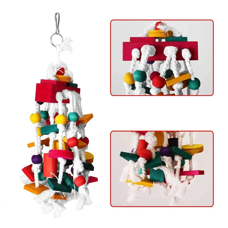 1Pc Bird Toy Funny Wooden Blocks Parrot Chewing Toys Parrots Hanging Chewing Rope Swing Colorful Parrots Chewing Training Tool 4